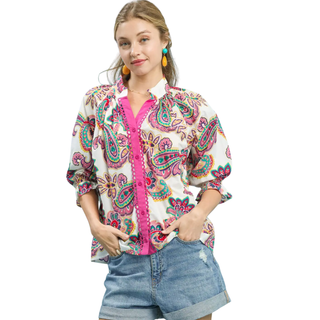 Sunset Paisley Button-Front Top