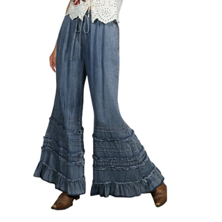 Flared Ruffle Hem Washed Chambray Crop