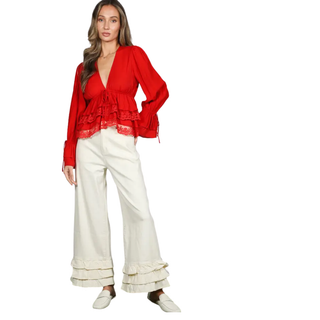 Flared Ruffle Hem Cropped Cotton Pants