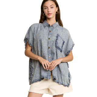 Washed Denim Ruffle Button Top