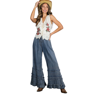 Flared Ruffle Hem Washed Chambray Crop