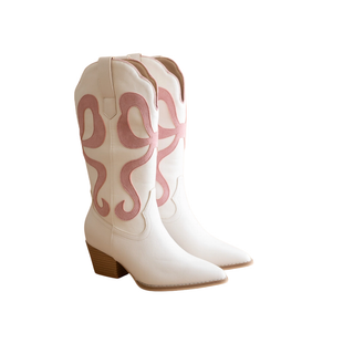 The Bowie Western Boot in White with a Pink Bow Inlay