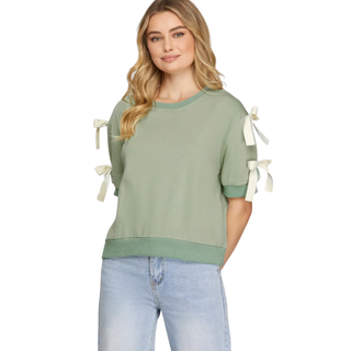 Sage Sweetheart Bow Sleeve Top