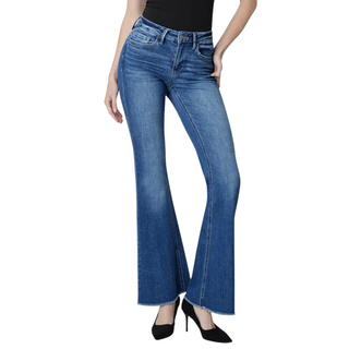 Lovervet by VERVET: Mid Rise Frayed Hem Dark Wash Flare Jeans LV2174