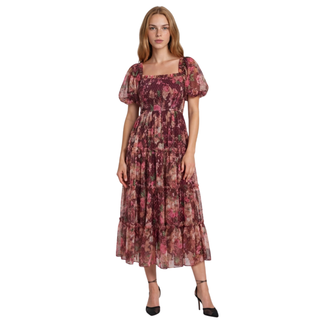 Bordeaux Blooms Midi Dress