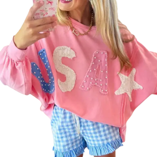 USA Pearl Letter Patch Pink Oversized Sweatshirt