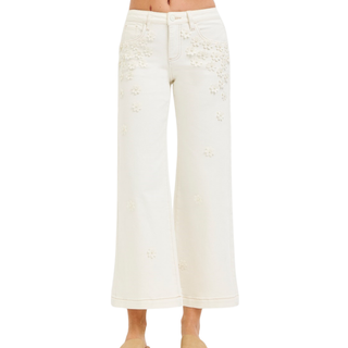 Risen: Mid Rise Crop Wide Flower Detail Pants
