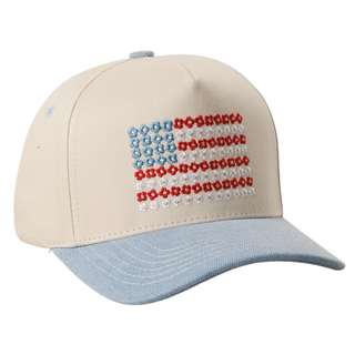 Floral American Flag Embroidered Two-Tone Denim Trucker Hat